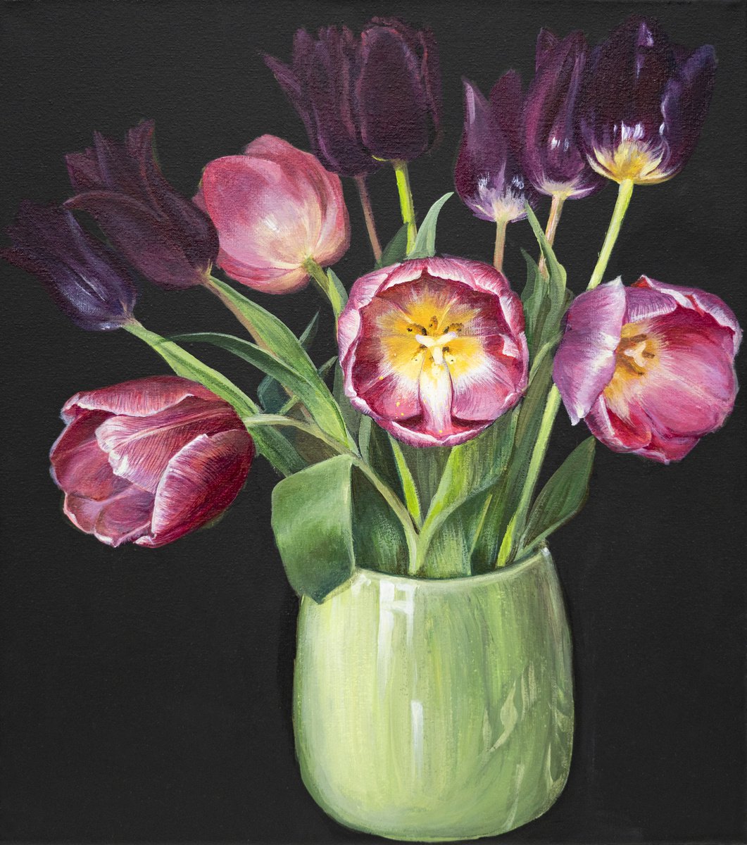Photorealistic Still Life Acrylic Painting By Sonata Art, 12 X 14", Tulip Art Bouquet For Beauty, Original Artwork