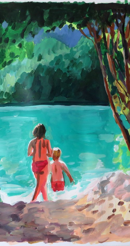 lake scene with bathers by Stephen Abela