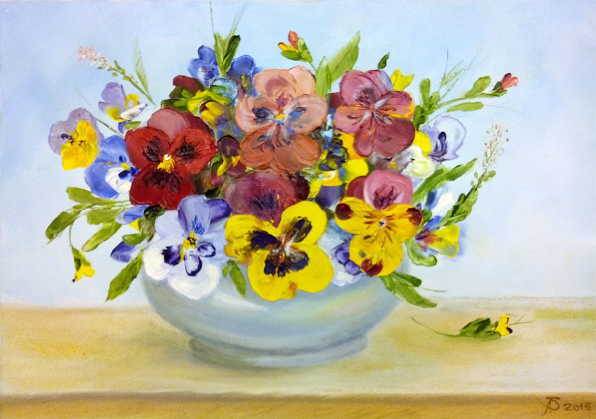 Botanical Oil Painting By Salana Art / Svetlana Samovarova, 28 X 20", Summer Bouquet. Pansies, Original Artwork