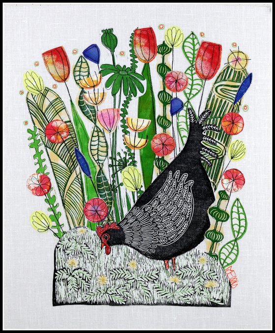 Black hen in the flowers