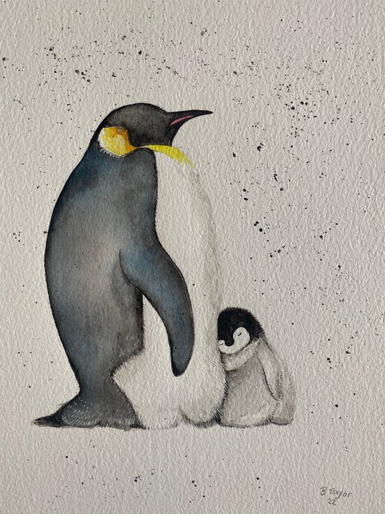 Penguin with chick watercolour