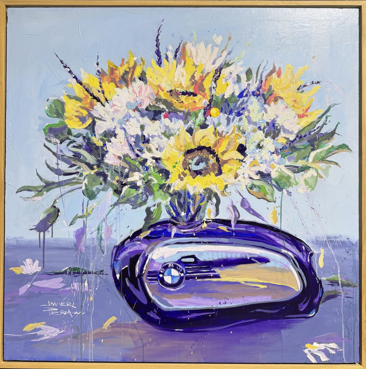 Impressionistic Botanical Acrylic Painting By Javier Pena, 39 X 39, Cafe Racer Stil Life (Ii), Original Artwork