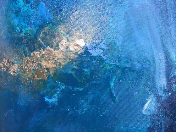 "Lost frequencies3" abstract seascape blue turquoise with gold leaf