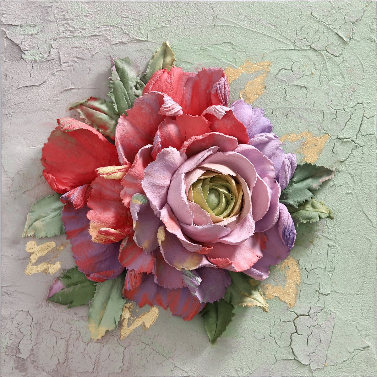 RED RANUNCULUS * Sculpture painting * Plaster * Palette knife * Original painting by Evgenia Ermilova