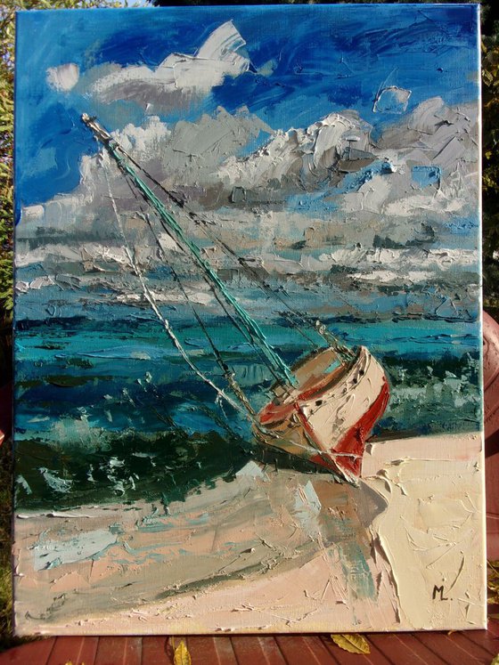 " LONELY...  " SHIP BOAT SAIL original painting palette knife GIFT MODERN URBAN ART OFFICE ART DECOR HOME DECOR GIFT IDEA