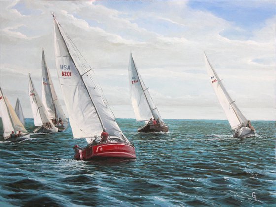 Regatta (yacht racing). 80x60 SEA. ORIGINAL OIL PAINTING, GIFT