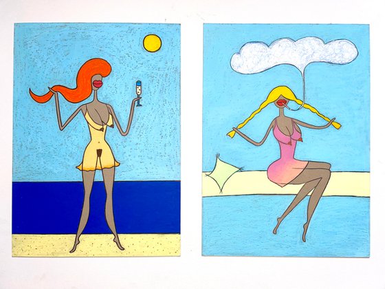 Set 2 artworks “Lady in the sky” and “Ginger woman on the summer beach”