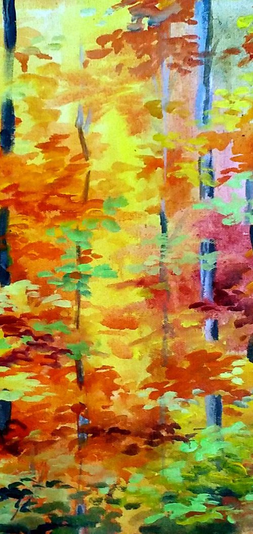 Beauty of Autumn Forest - Acrylic painting on Canvas by Samiran Sarkar