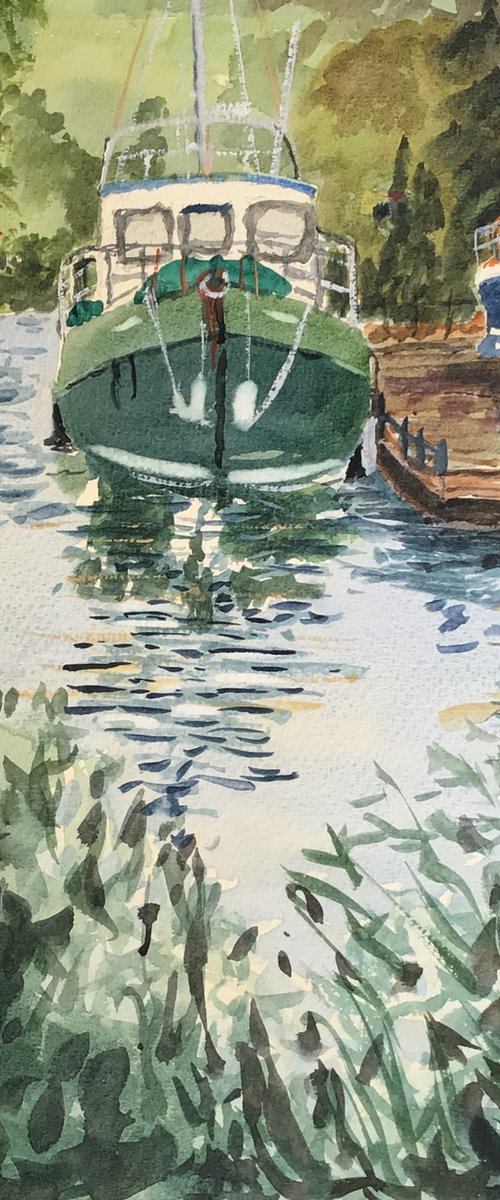 Boats at anchor, an original watercolour painting by Julian Lovegrove Art