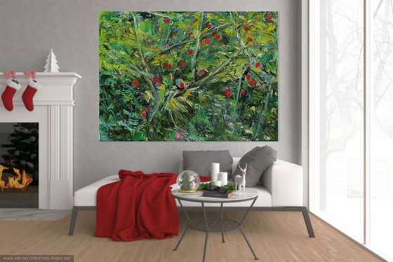 OVERGROWN ROSEHIPS - XXL Large Floral Art - original painting plants trees landscape art green summer nature impressionism art office interior home decore 150x200