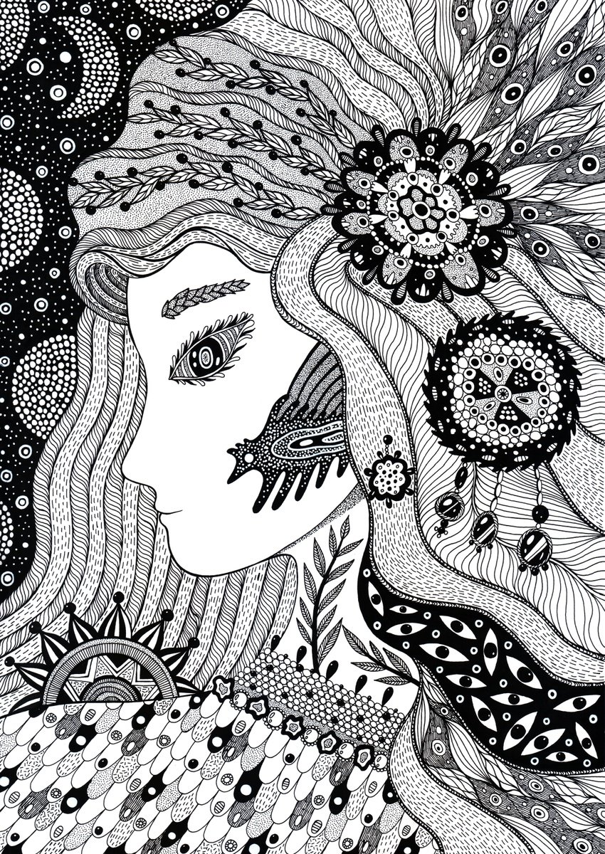 Illustrative Portrait Ink Drawing By Veronika Demenko, 8 X 12", Other Worlds N.4 - Star Fairy, Original Artwork