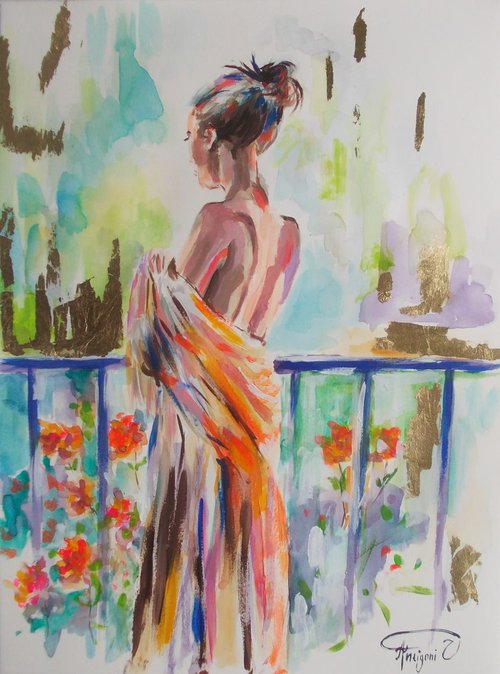 Vanessa at the Balcony- Mixed Media Nude Woman  Painting on Paper by Antigoni Tziora