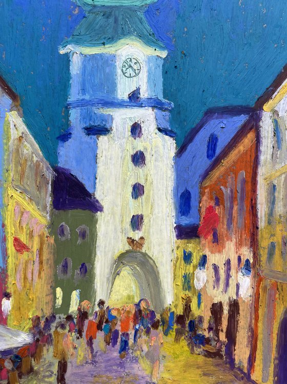 Bratislava Painting, Slovak Original Oil Pastel Drawing, Old Town Illustration, Travel Gift