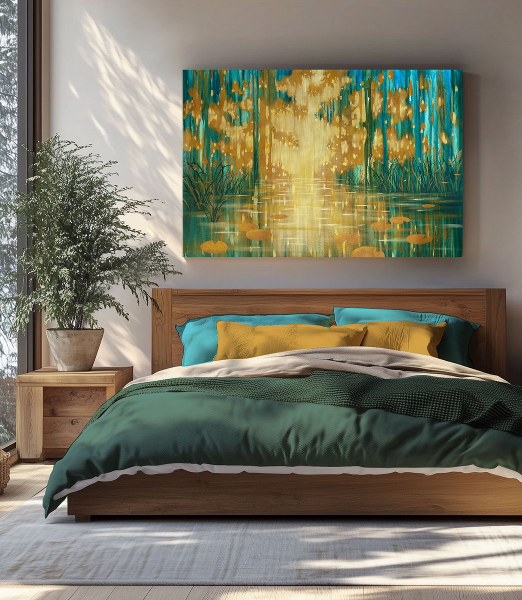 Illustrative Landscape Acrylic Painting By Ekaterina Prisich, 55 X 35, Golden-Emerald Forest Pond, Original Artwork