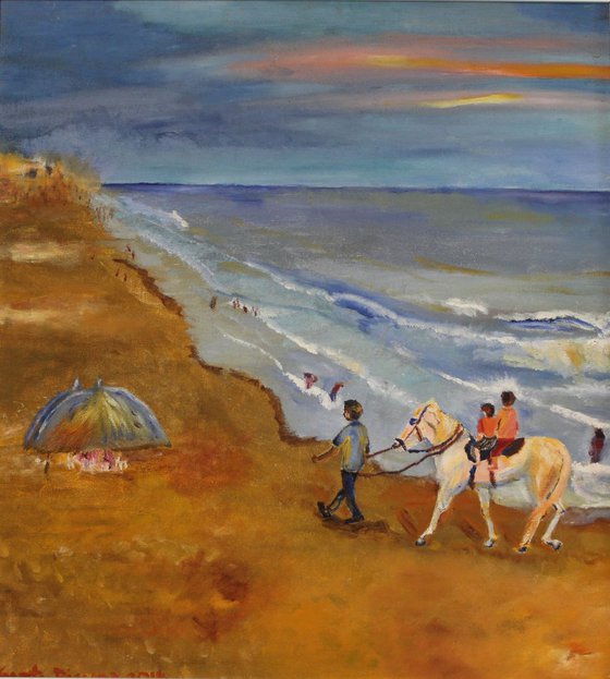 Puri beach 1, India, oil painting, Impressionistic, gift, ready to hang, small, framed
