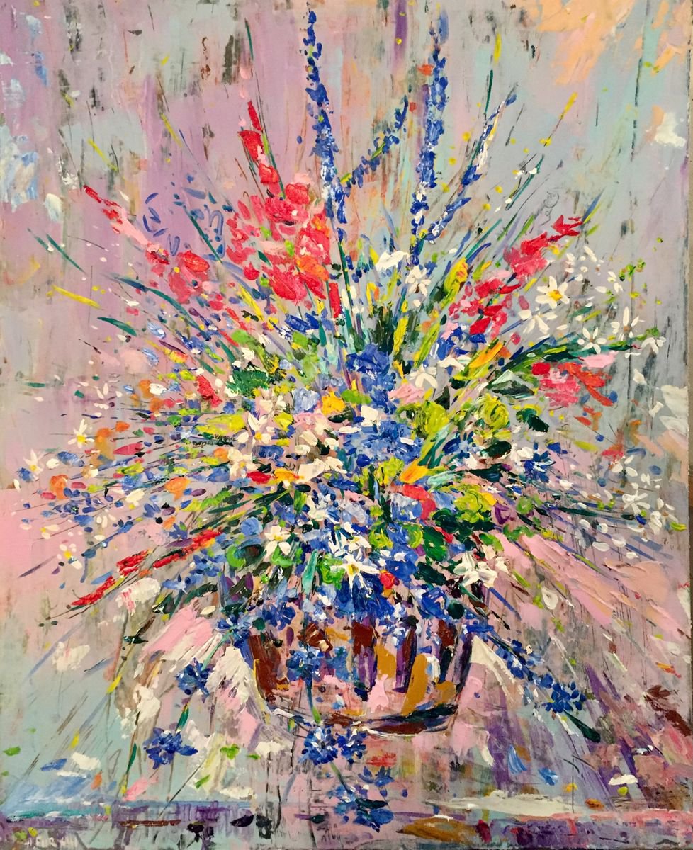 Expressive Botanical Acrylic Painting By Altin Furxhi, 23 X 29, Flowers Bouquet., Original Artwork