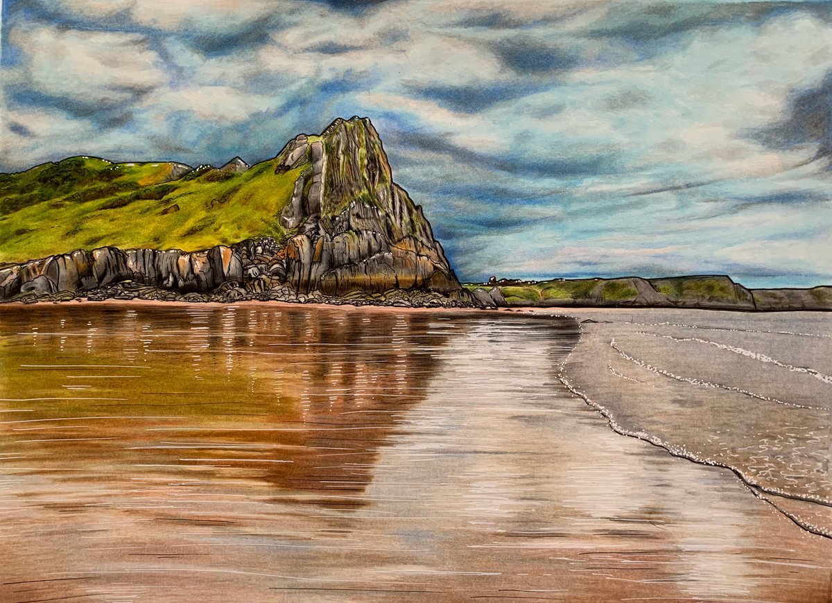 Illustrative Painting , Stormy Skies Tor Bay (Gower) By Karen Elaine Evans, 17 X 12, Artwork For Sale On Artfinder