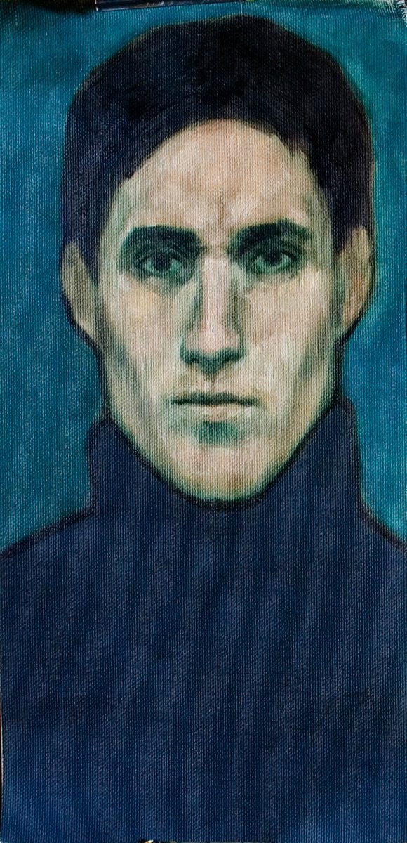 Impressionistic Portrait Oil Painting By Olivier Payeur, 7 X 15", Selportrait In Blue, Original Artwork