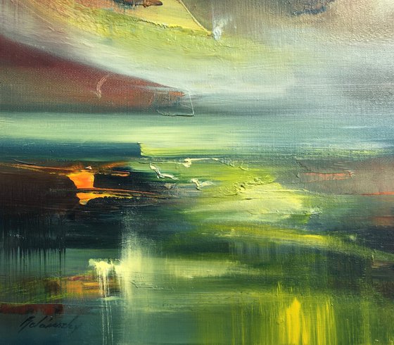 Back to the Light II - 40 x 40 cm, abstract landscape painting in earth tone colors