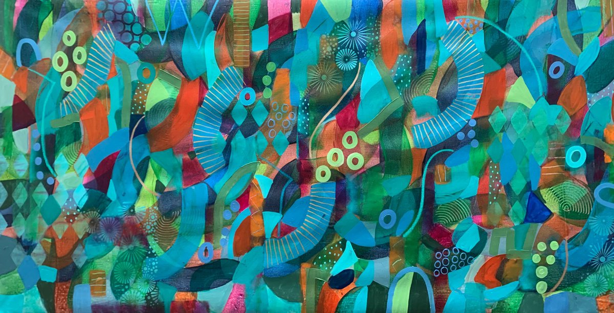 Organic Abstract Acrylic Painting By Rashna Hackett, 72 X 37", Poinsettia, Original Artwork