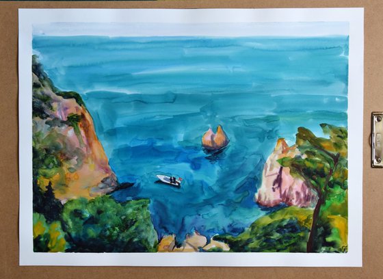 Greece seascape big original watercolor painting, coastal home decor