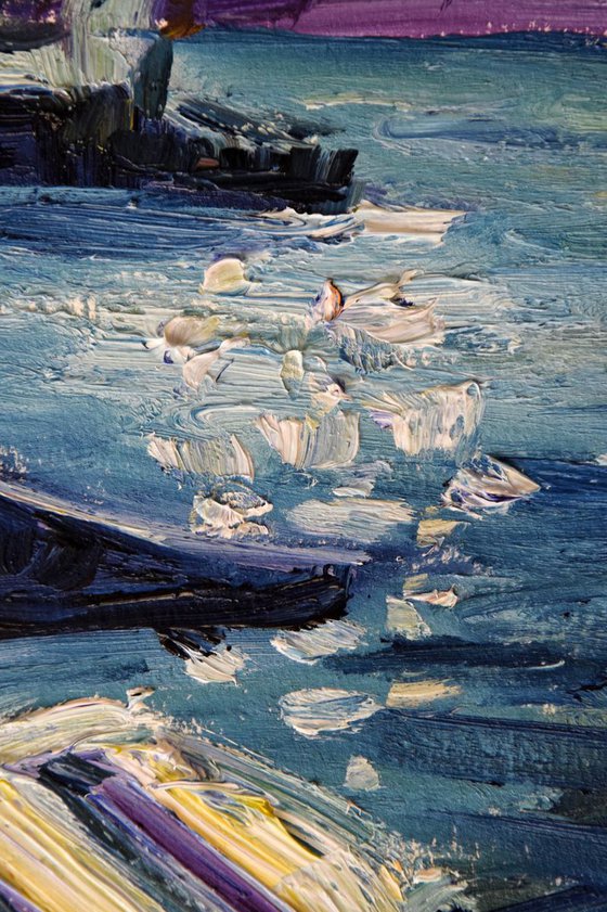 Ships docked in the port original oil painting, coastal pleinair study