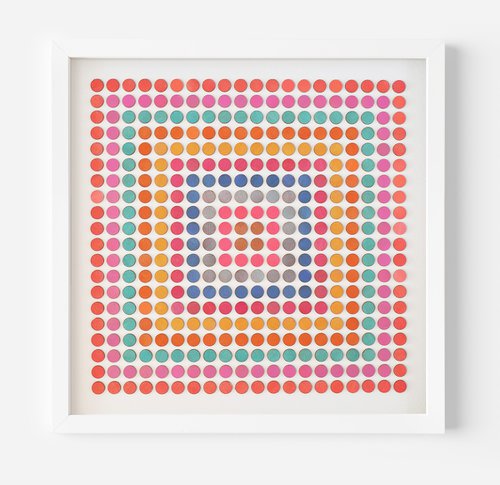Abstract art wood dot collage 'concentric square of dots' Red by Amelia Coward