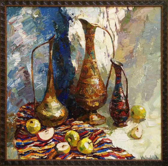 Ancient eastern pitchers and apples Still life painting Framed