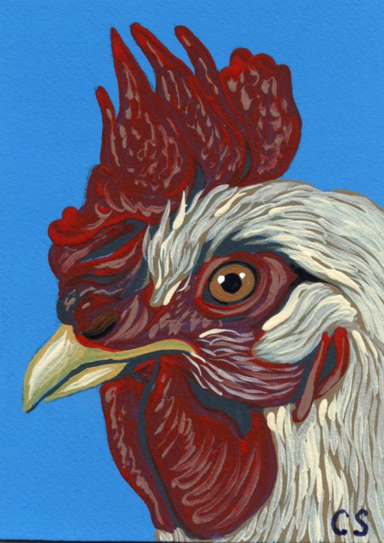 ACEO ATC Original Miniature Painting Rooster Chicken Farmyard Art-Carla Smale