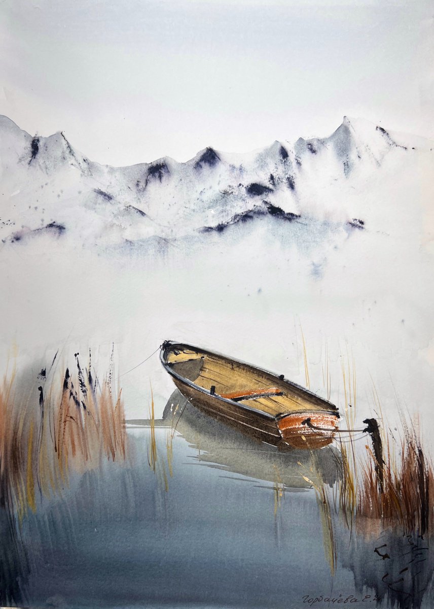 Impressionistic Landscape Watercolour By Eugenia Gorbacheva, 12 X 16, Boat On A Mountain Lake #2, Original Artwork