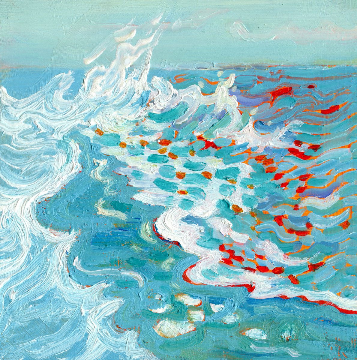 Impressionistic Landscape Oil Painting By Mary Kemp, 7 X 7", Breaking Waves, Small Seascape, Original Artwork