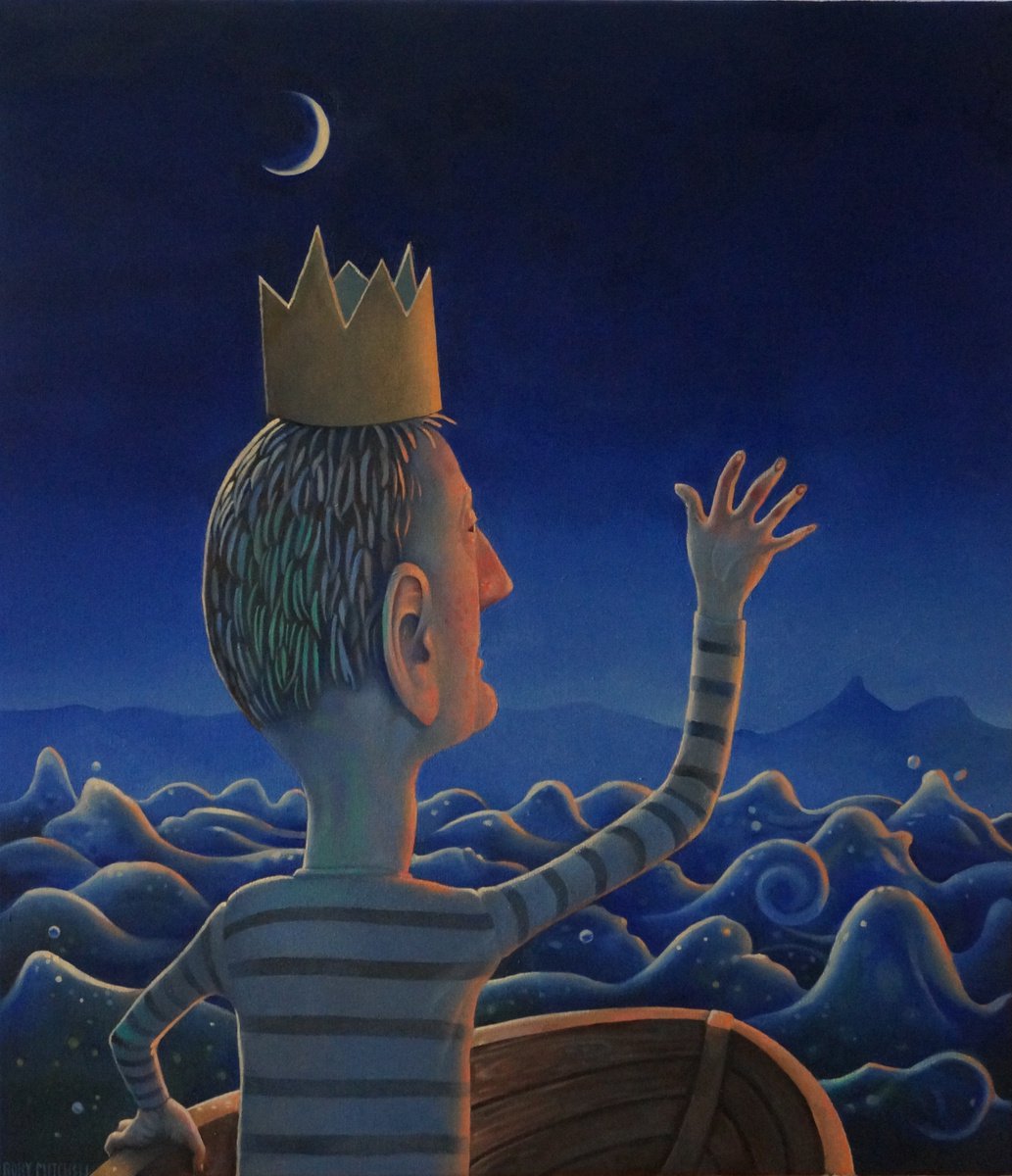 Naive Portrait Oil Painting By Rory Mitchell, 28 X 31", The Big Wave, Original Artwork