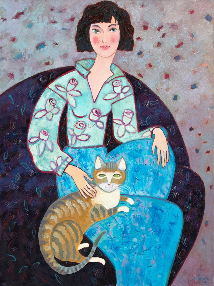 Girl and Green Eyed Cat. by Yelena Sidorova