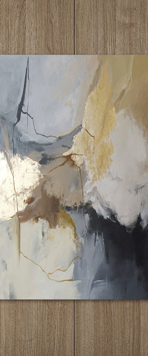 "Wild" Abstract  acrylic gray gold art by Yana Sagan