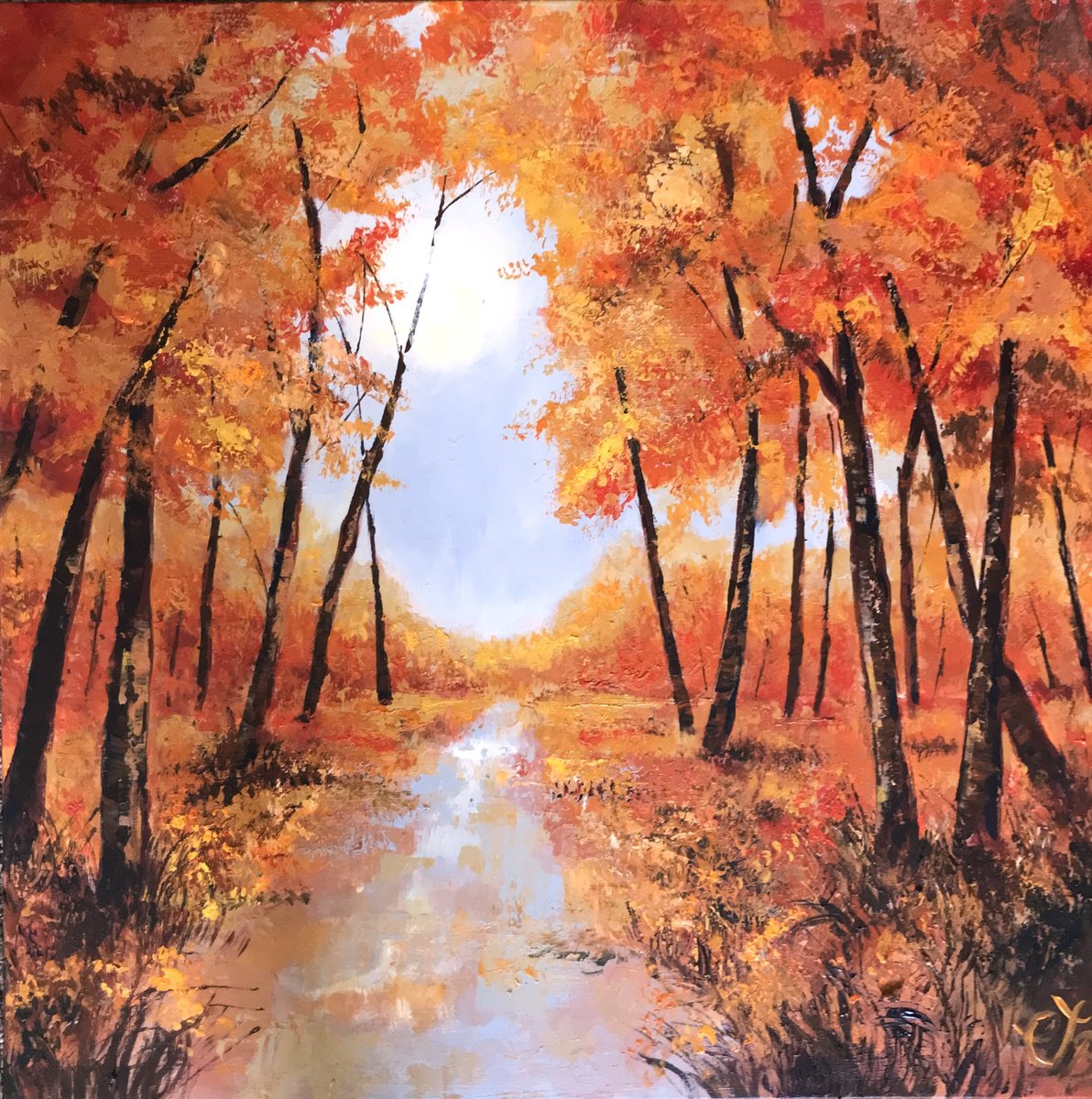 Impressionistic Landscape Acrylic Painting By Colette Baumback, 24 X 24, Red October, Original Artwork