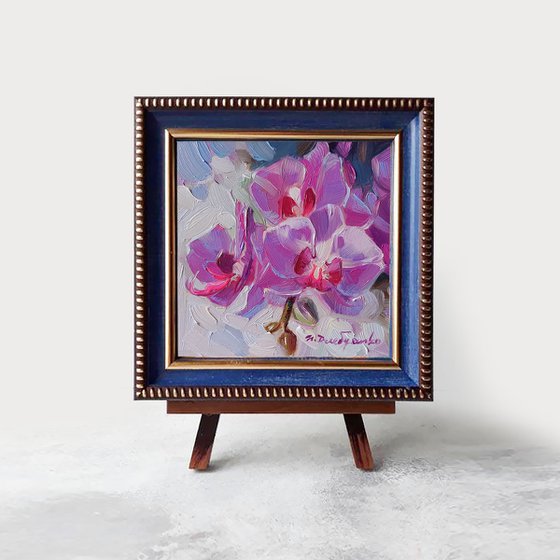 Orchid painting lavander floral wall art original 4x4, Small art Framed floral painting Mom gift