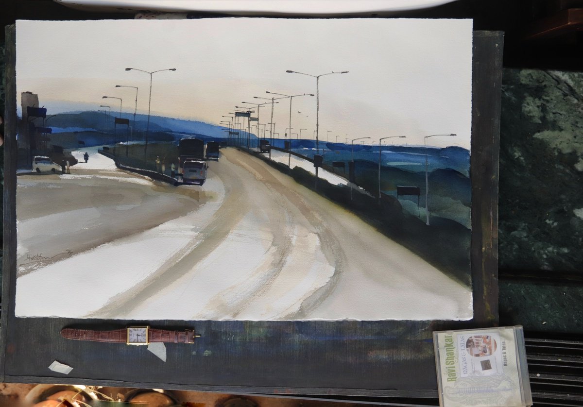 Impressionistic Landscape Watercolour By Prashant Prabhu, 29 X 20", Highway Halts At Corner, Original Artwork