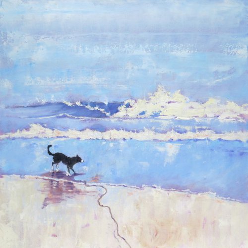 Grace the the Border Collie Encounters a Wave. by Mary Kemp