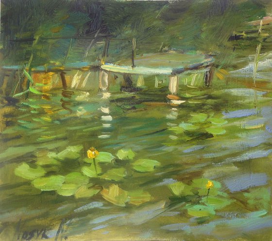 Water lily and fishing bridge