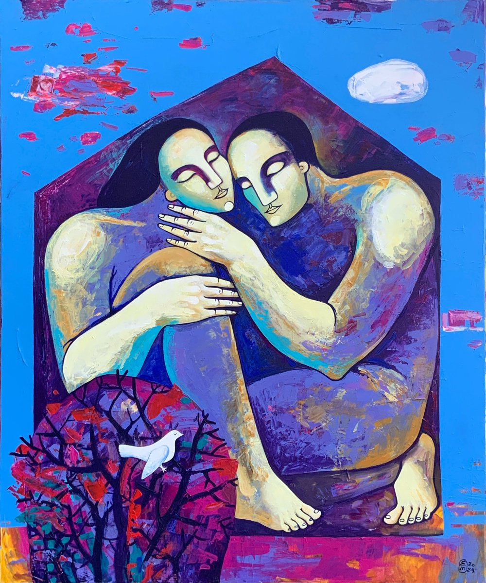 Naive Portrait Acrylic Painting By Elena Tomilova, 35 X 43, Home, Original Artwork