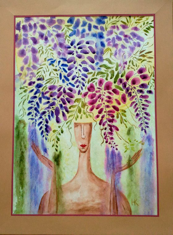 Lady in flower hat purple wisteria flowers original watercolor painting " Bright lady under the rain"