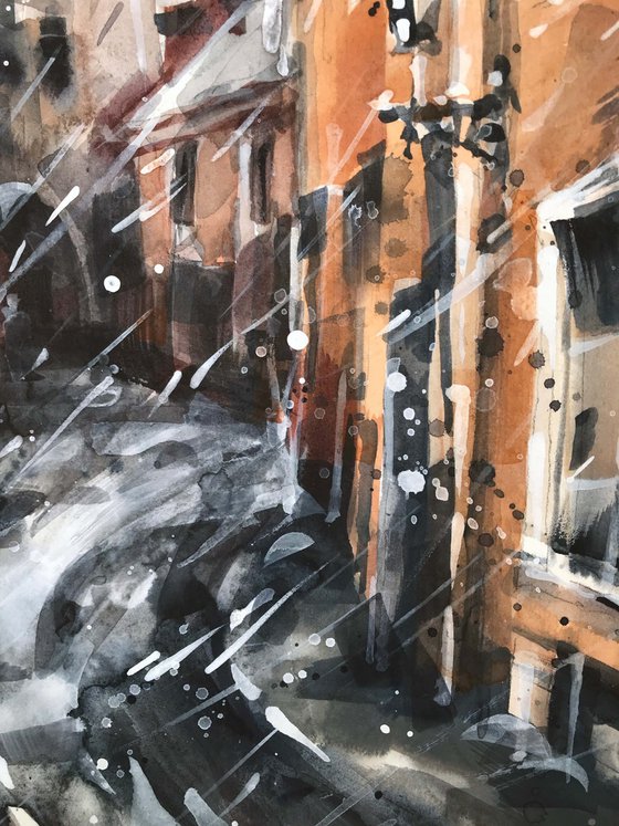 Snow street. one of the kind, original painting, watercolour.