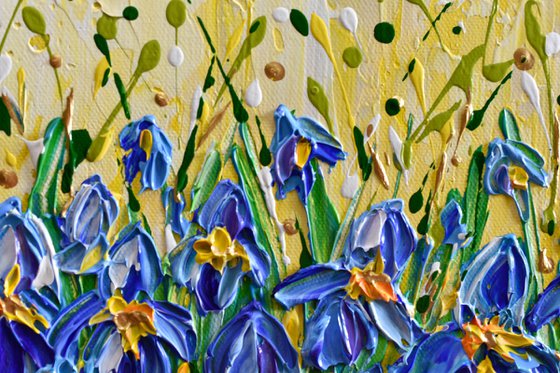 Irises - Deep impasto original floral painting, palette knife blue flowers art