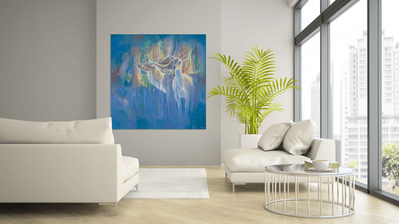 Divine Monarchs in Blue, large semi-abstract deer painting