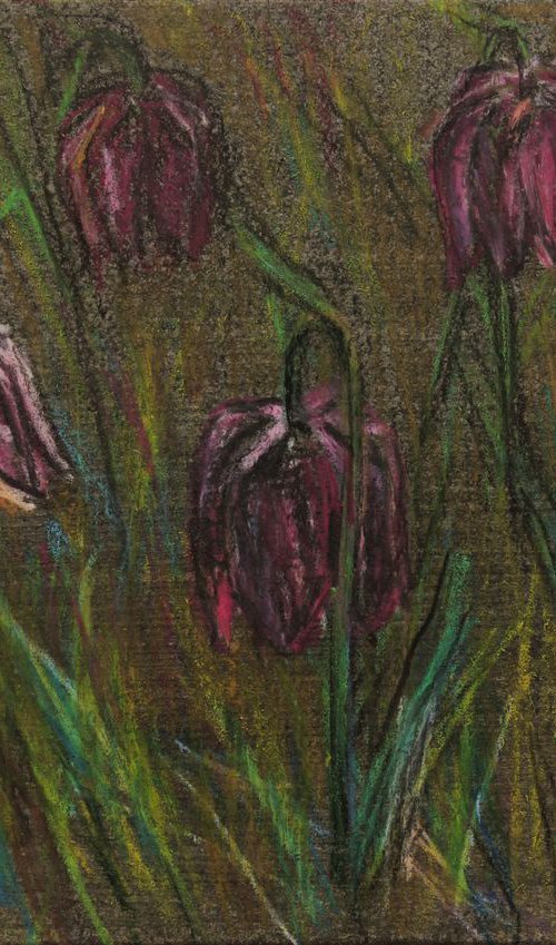 Tulips in the Grass I, 2018, oil pastel on paper, 21 x 29,5 cm by Alenka Koderman
