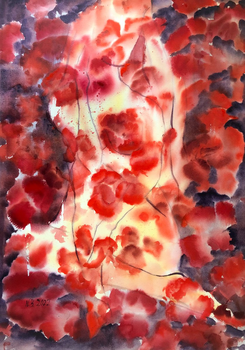 WOMAN IN LOVE. RED FLOWERS by Nadezhda Bogomolova