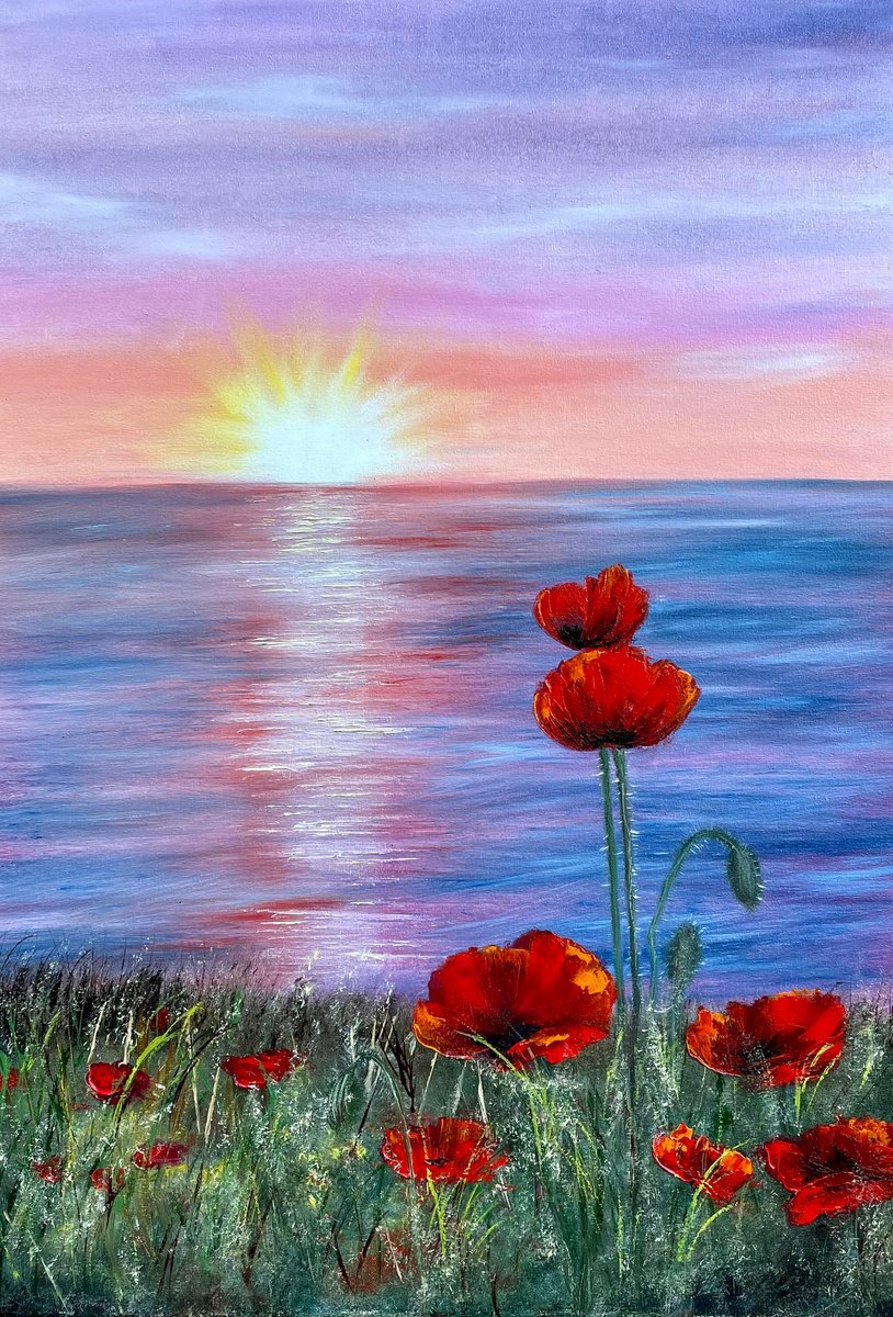 Sunset with poppies - seascape by Tanja Frost