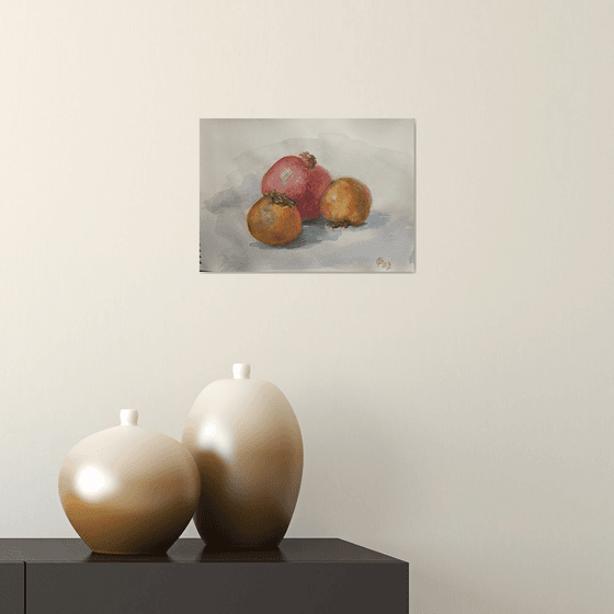 Pomegranate and persimmons still life original watercolour artwork