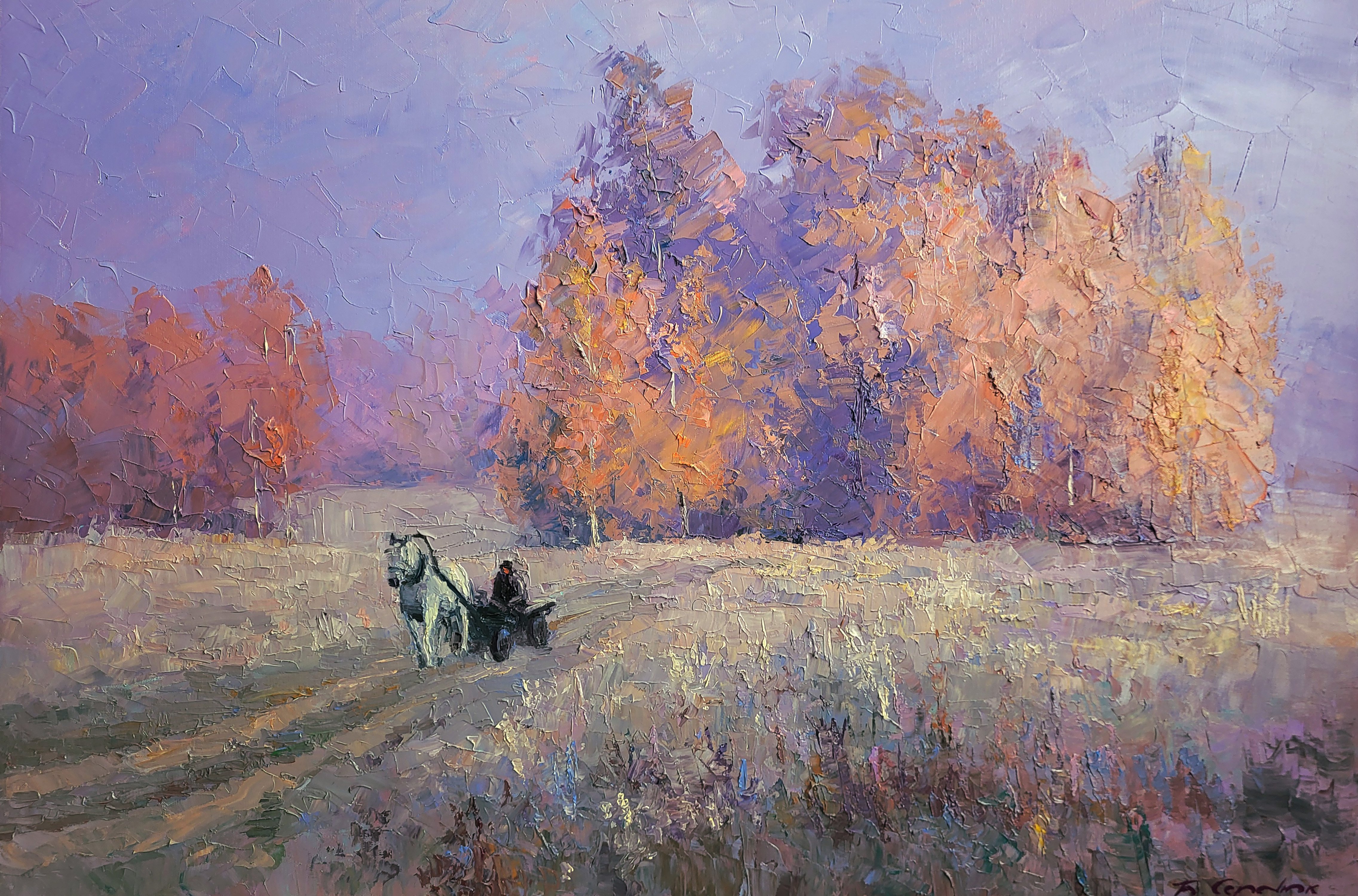 Impressionistic Landscape Oil Painting By Boris Serdyuk, 35 X 24, Cold Morning, Original Artwork