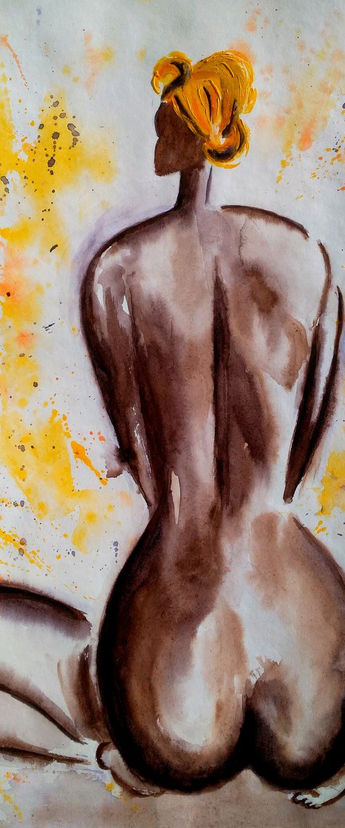 Nude Painting Woman Original Art African Queen Watercolor Female Nude Home Wall Art 12 by 17" by Halyna Kirichenko by Halyna Kirichenko